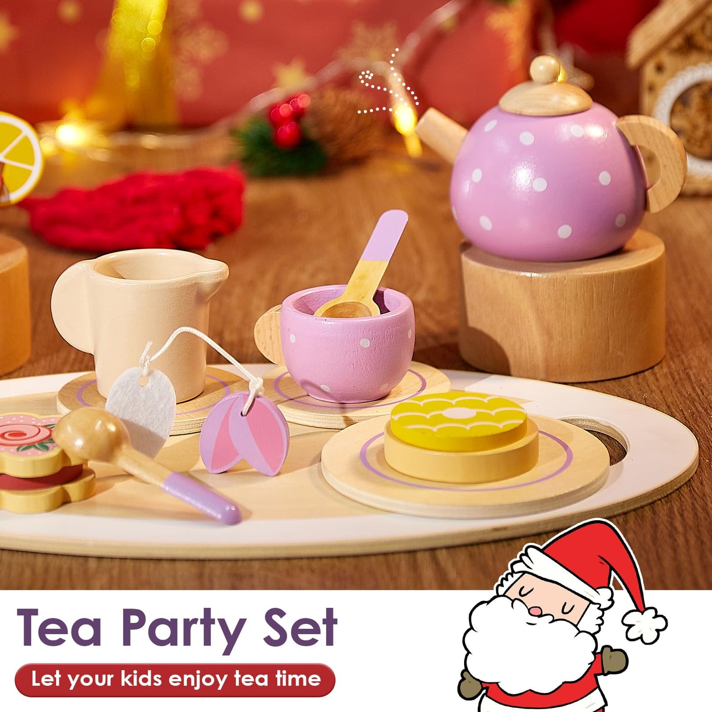 BUYGER Wooden Tea Party Set for Little Girls with Play Food Kitchen Accessories Toy Pretend Play Princess Tea Party Time for Gir