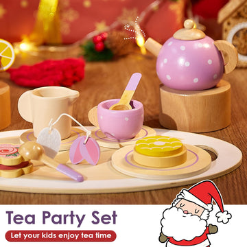 BUYGER Wooden Tea Party Set for Little Girls with Play Food Kitchen Accessories Toy Pretend Play Princess Tea Party Time for Gir
