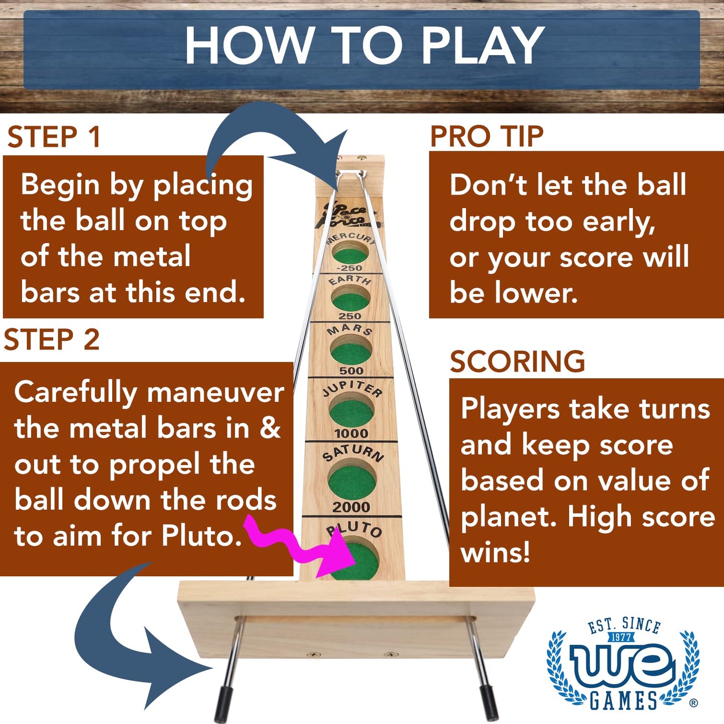 WE Games Shoot The Moon Solid Wood Board Game - 20 in., Natural Finish, Model 49-7028