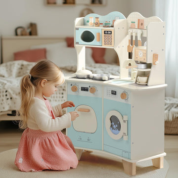 Ktaxon Wooden Play Kitchen For Kids, Pretend Kitchen Playset With Coffee Maker, Toy Washing Machine & Cooking Set Accessories Fo