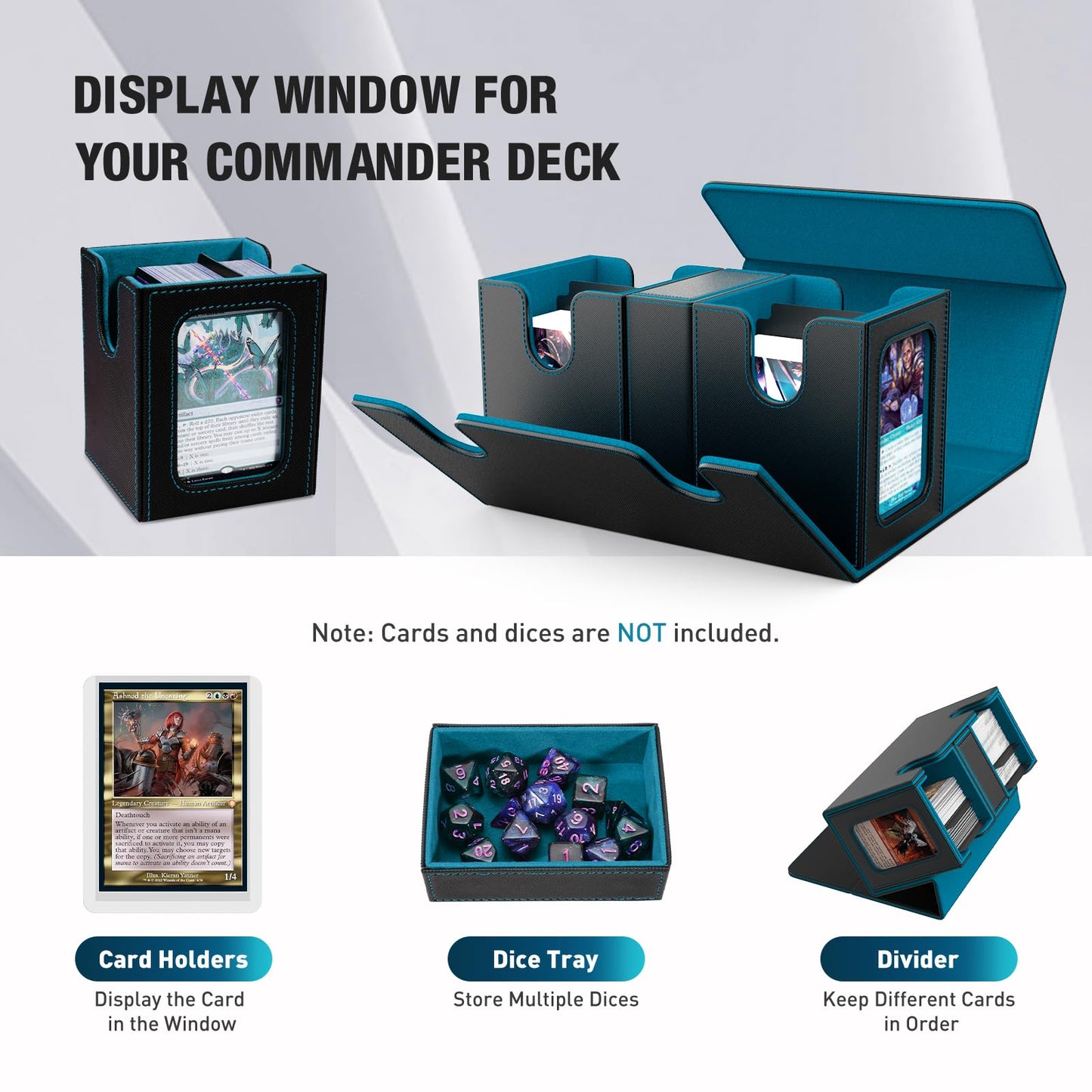 TiMOVO MTG Deck Box  Commander Deck Case Fits 200+ Double-Sleeved Cards  Magnetic Leather Card Storage Box with 2 Commander Display & 4Dividers & Dice Tray Fit YuGiOh TCG CCG Magic Cards  Black Cyan