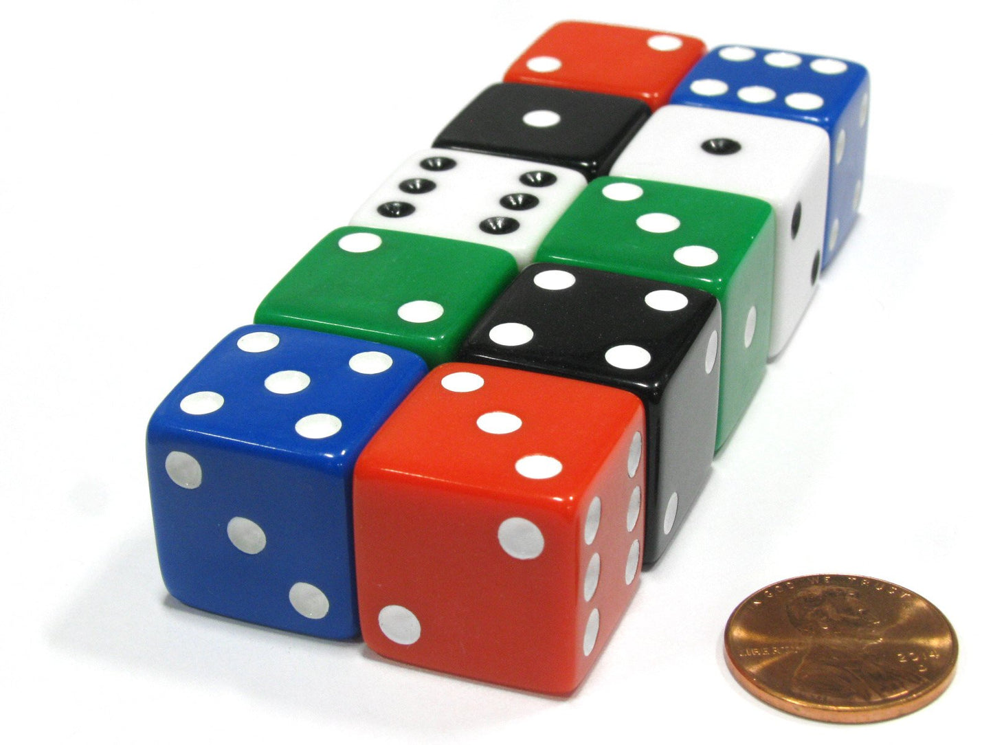 Koplow Games Set of 10 Large 19mm Opaque D6 Dice - 2 Each of 5 Assorted Colors - Plastic