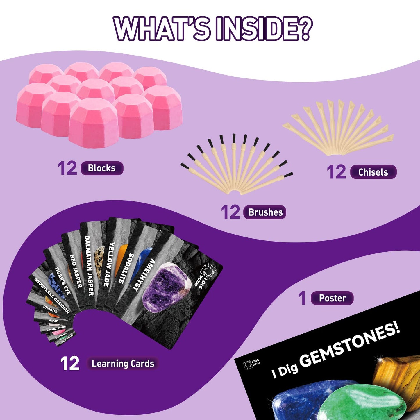 Byncceh Gemstones Dig Kit - Dig It Up 12 Real Gemstone And Crystal For Kids Gems Digging Kit Mineral & Rock Collection For Kids