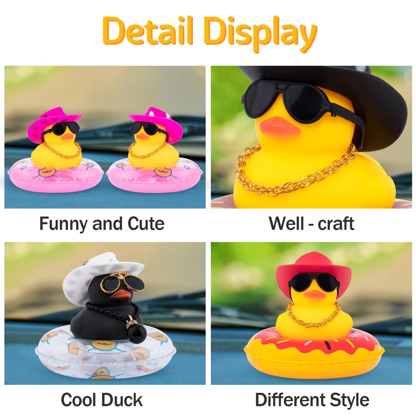 Wonuu Car Rubber Duck, Yellow Duck Decoration Dashboard With Sun Hat Swim Ring Necklace Sunglasses For Car Dashboard Decorations, White Spots Pink Cowboy Hat-Pink