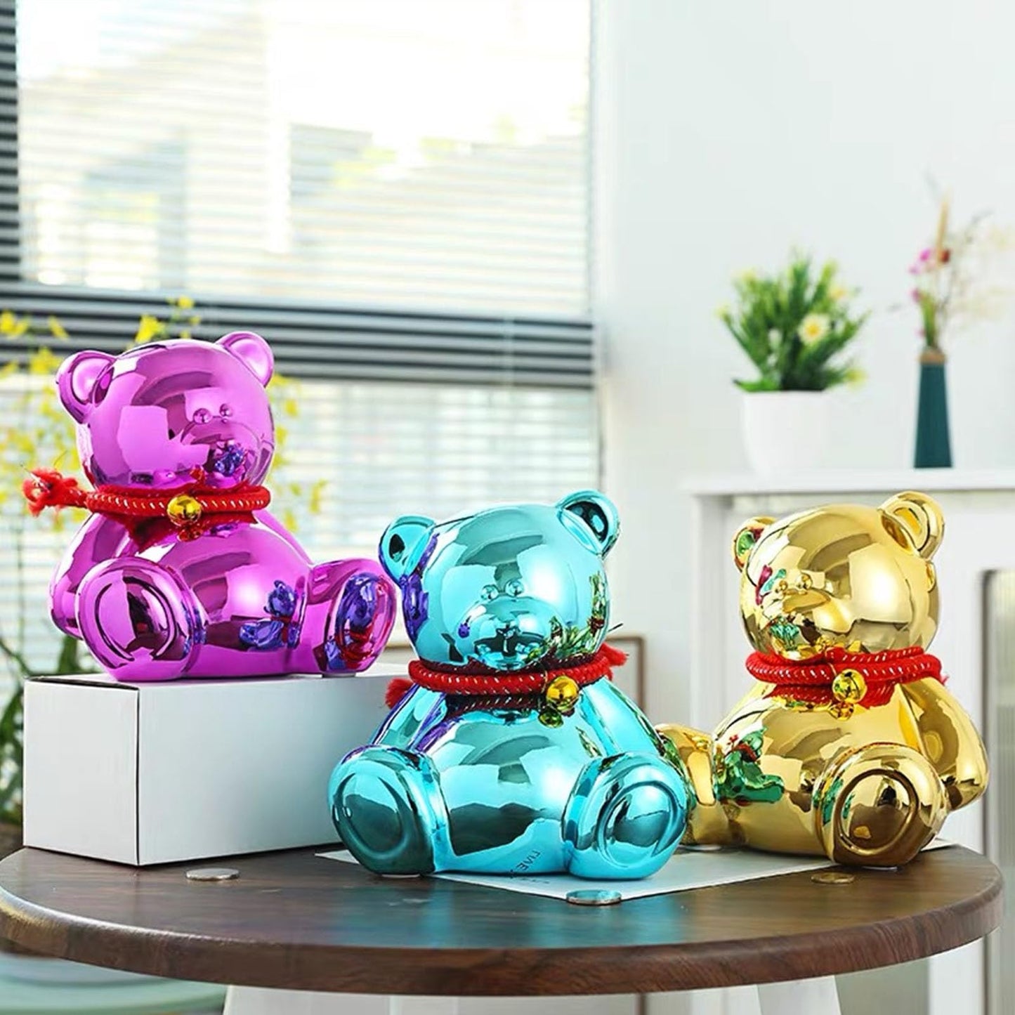 SOBEIT 7.36inch Bear Piggy Bank | Cute Bear Coin Bank | Shiny Plating Craftsmanship | Meticulous Details | Ceramic Bear Money Bank for Kids Girls Boys mature-themed(Rose Red/6.88 L x 5.62 W x 7.36 H)