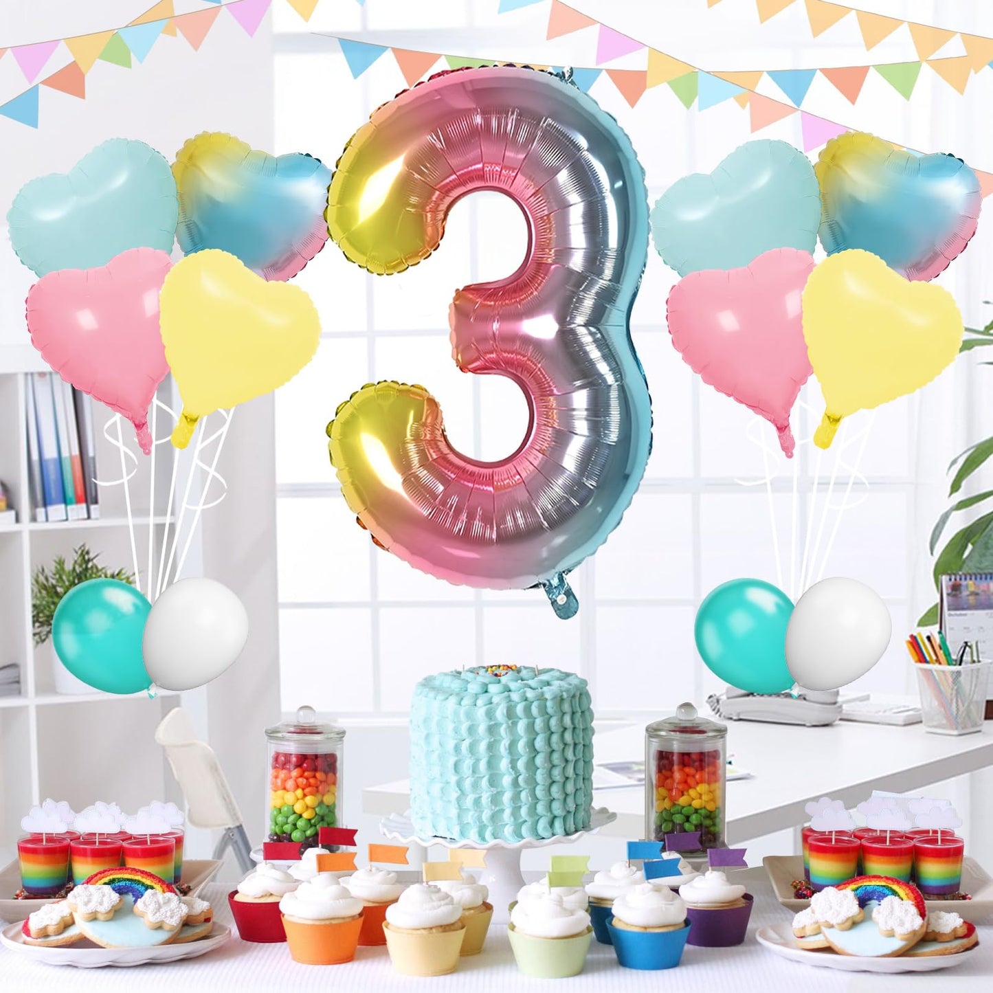 Biapian 40 Inch Rainbow Number 3 Balloons, 7Pcs Large Gradient Number 3 Birthday Balloons With Pink Blue Yellow Foil Heart Shape