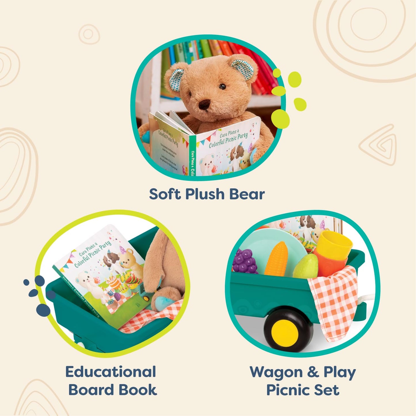 B. Toys- Happyhues - Cara-Mellow Bear Playset- Plush Bear With Picnic Play Set-Board Book - Wagon & Play Food - 18 Months +