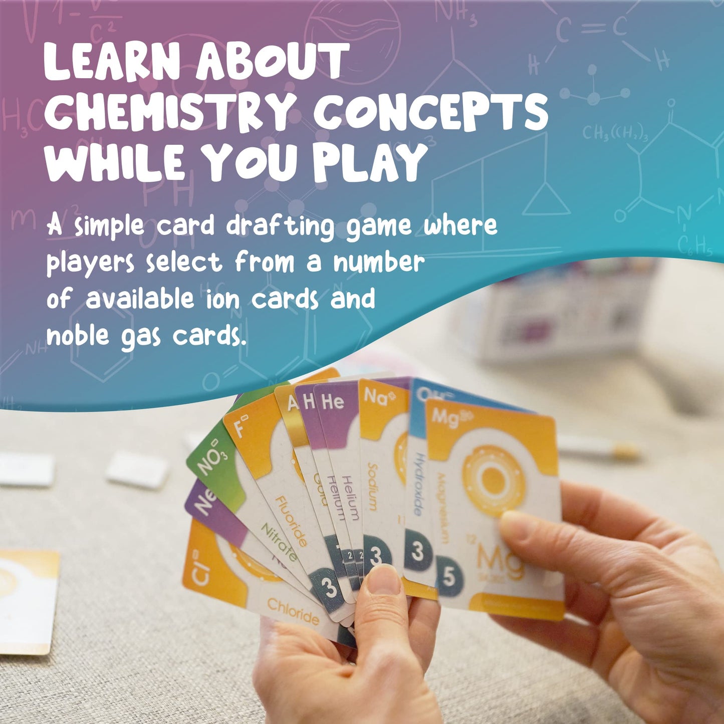 Genius Games Ion: Chemistry Card Drafting Game - 2nd Edition, Paper, Blue/Yellow/White, for High School Students & Teachers