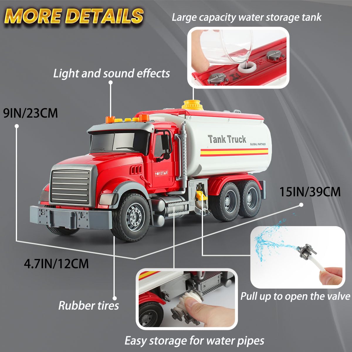 Wenbeier Tanker Truck Toy with Water Pump, 15" Tow Truck, Music & Lights, Plastic, for Kids Ages 3-6, Tank Truck Model WBE JJ666
