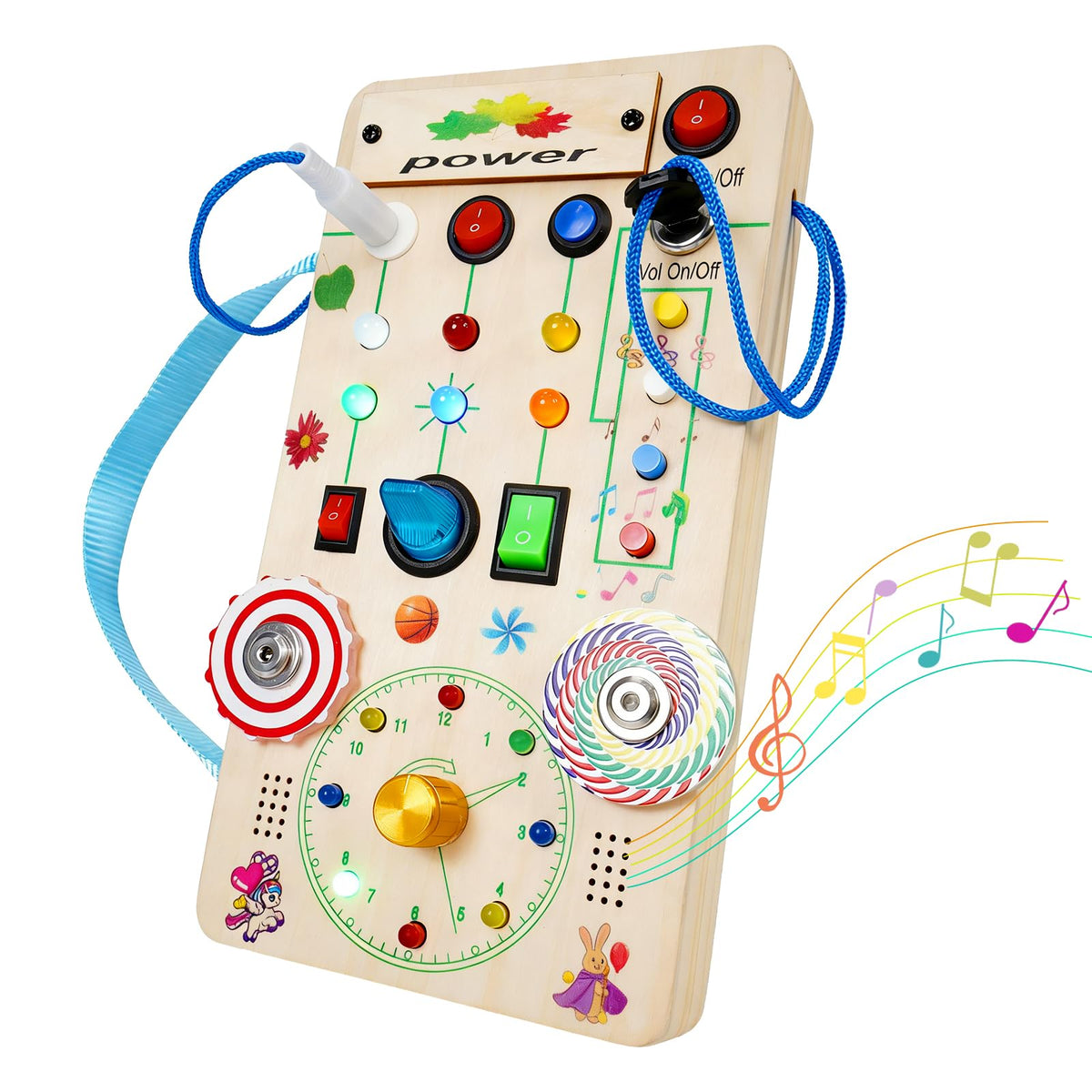 TNYI Montessori Wooden Busy Board with LED Light Up Switches & Music and Spinning Top, Toddler Sensory Educational Fidget Board,