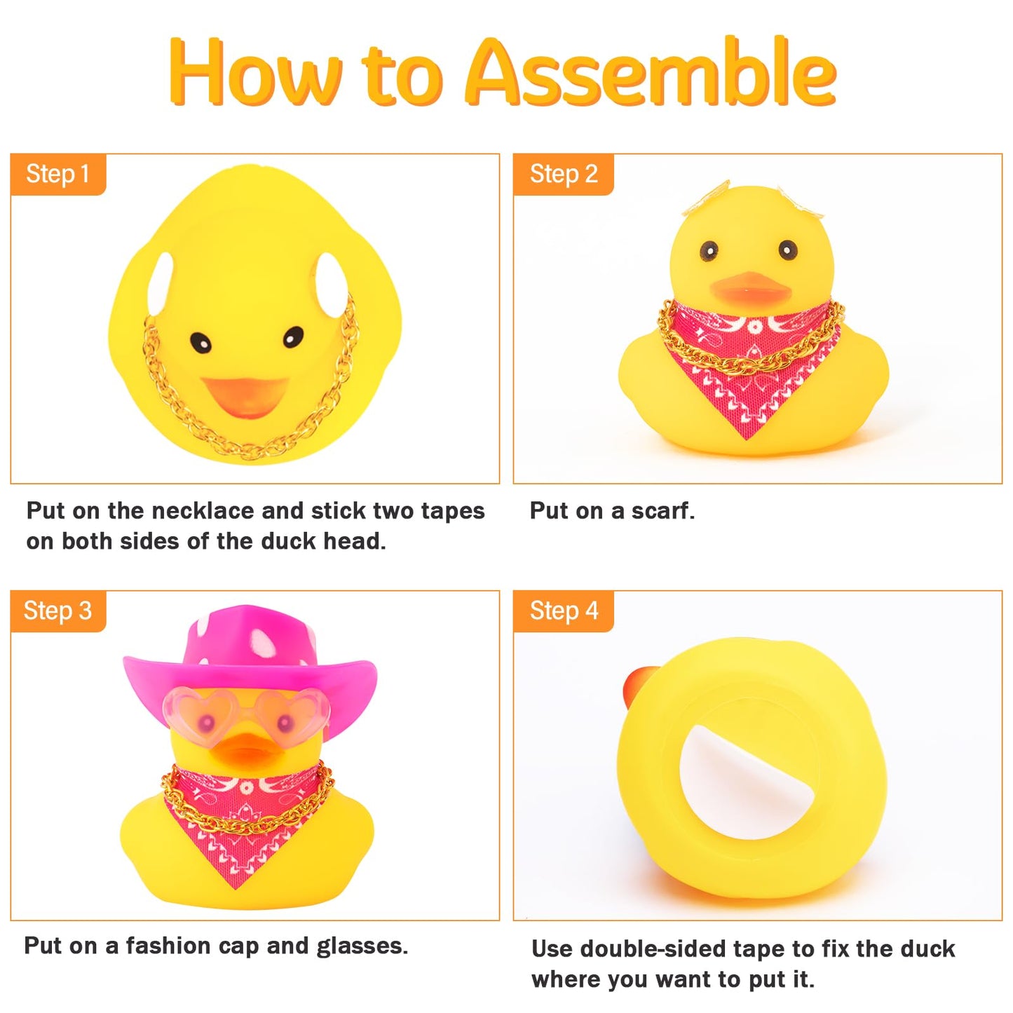Wonuu Car Rubber Cowboy Duck, Yellow Ducks Decoration Dashboard With Cowboy Hat Necklace Sunglasses, White Spots Pink