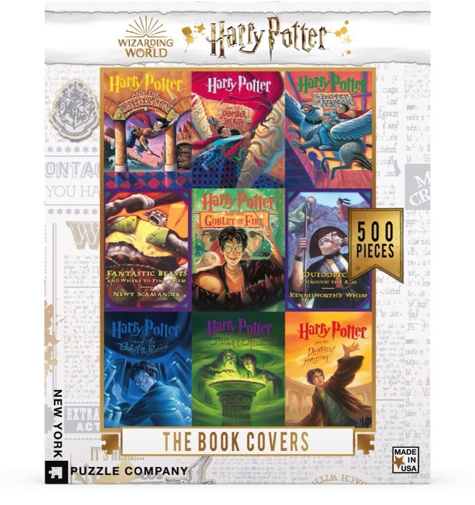 New York Puzzle Company 500 Piece Jigsaw Puzzle - Harry Potter Book Cover Collage by Mary GrandPré, Cardboard
