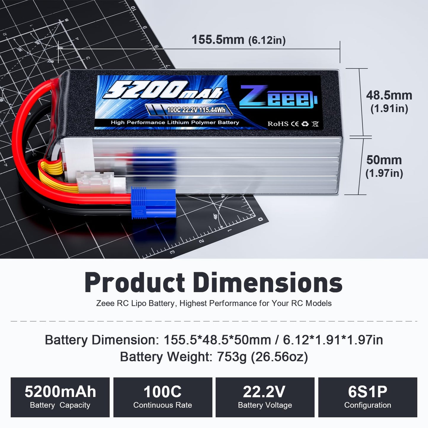 Zeee 6S 5200mAh Lipo Battery 22.2V 100C with EC5 Connector Soft Pack RC Battery for RC Car Truck Airplane Helicopter Quadcopter