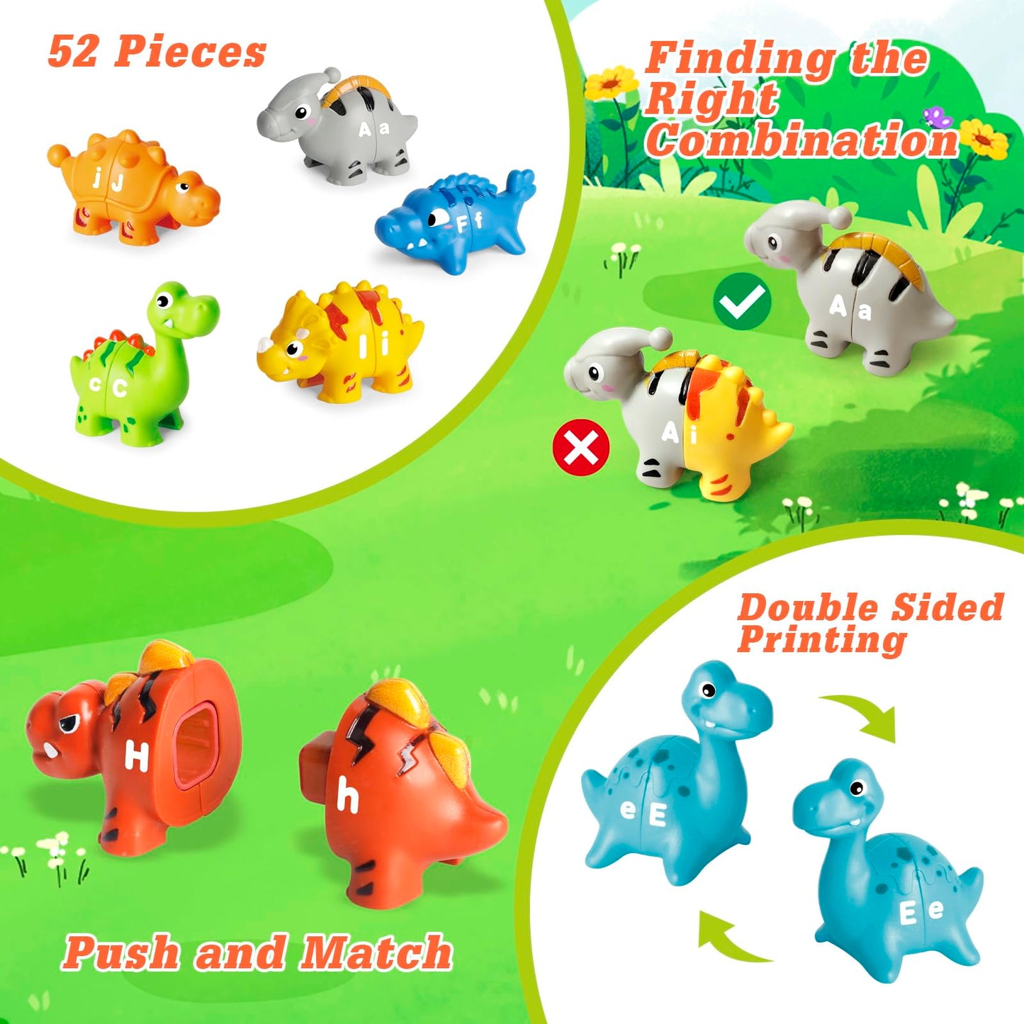 Happymate 52 Pcs Dinosaur Alphabet Learning Toys For Toddlers 2-4, 10 Different Dinosaur Figures, Double Sided Abc Matching Game