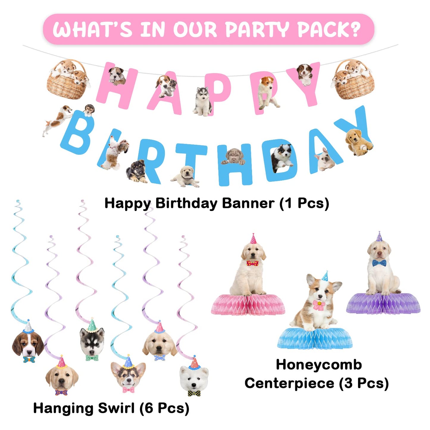16 Pcs Dog Birthday Party Supplies, Dog Party Decorations, 6 Dog Hanging Cutouts, 6 Hanging Swirl Decorations And 3 Birthday Hon
