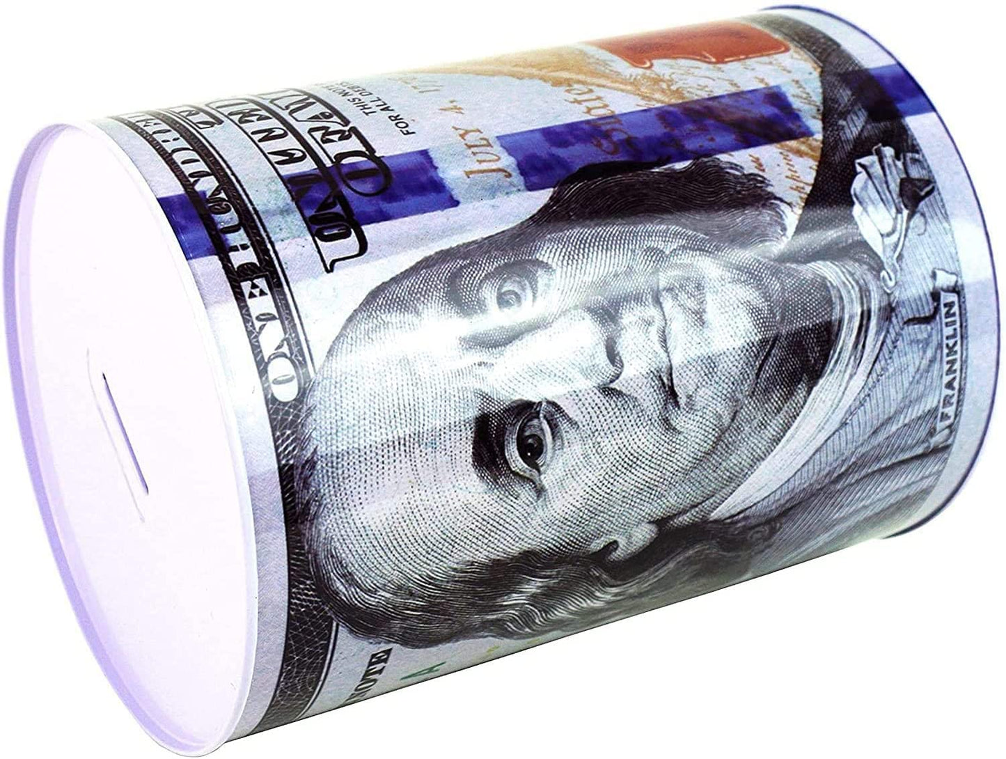 $100 Dollar Bill Piggy Bank 5 7/8'' Tall Coin Saving Money Currency Benjamin Franklin Tin Can Banknote Jar (1 Pack, 7 1/4'' X 4