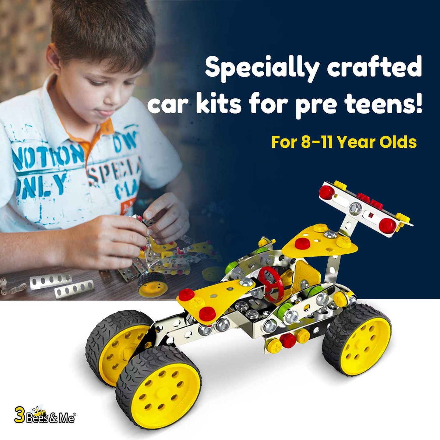 3 Bees & Me Stem Car Building Erector Toy Kit | Educational Metal Project For Boys And Girls Aged 8-11 Years Old (Ages 6-7 With