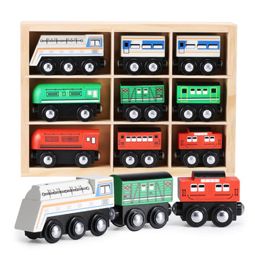 Sainsmart Jr. 112-Piece Wooden Train Set For Toddler – Double-Sided Train Tracks, Compatible With Brio, Thomas, Melissa & Doug – Perfect Wood Toy For Boys And Girls (9Pcs Classic Trains)