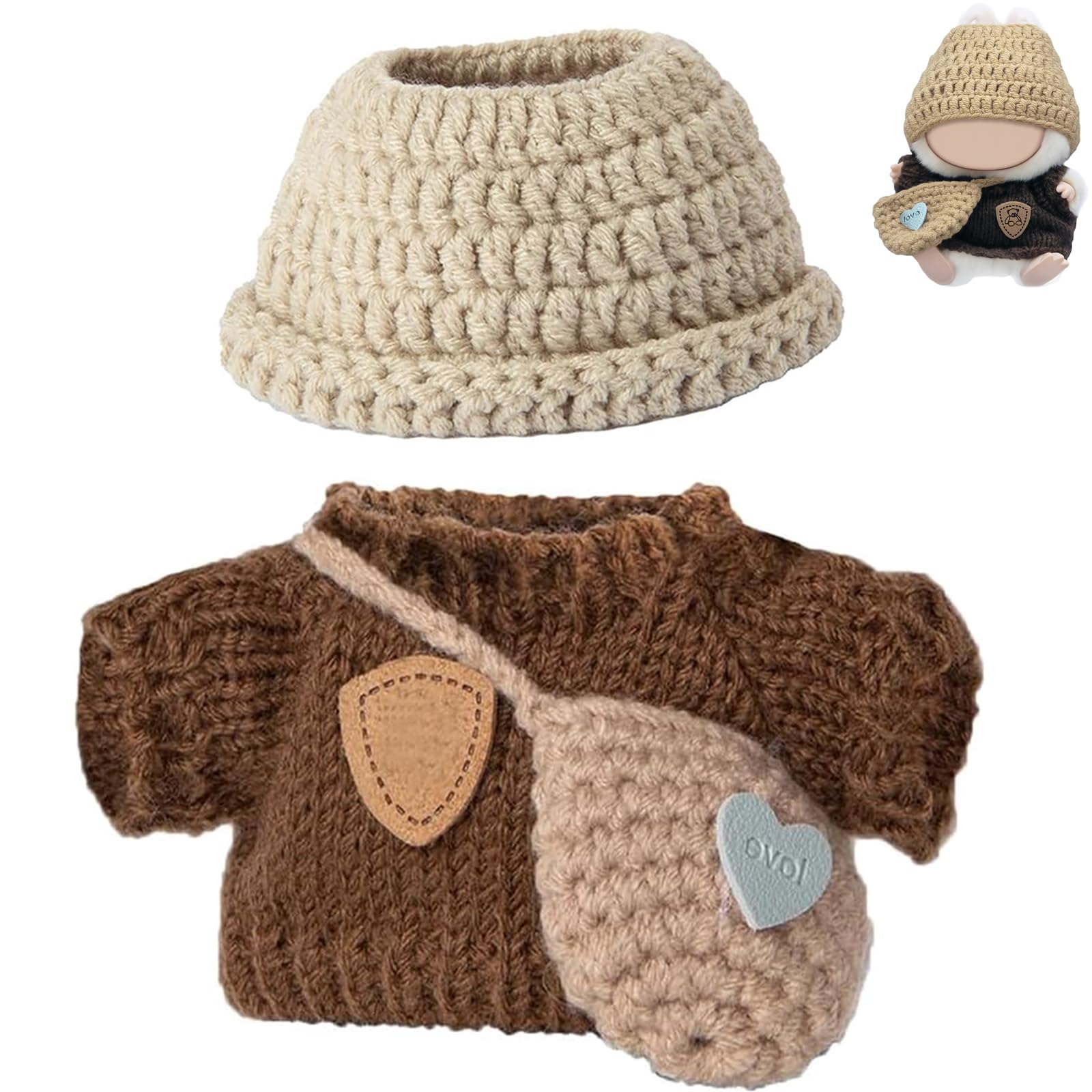 17cm Doll Clothes for Labubu (NO Doll) - Kawaii Chic Style Set for 17cm Dolls  Handcrafted Crochet Dolls Outfit with Accessories - Khaki Wool Hat + Brown Romper + Khaki Bag (Brown)