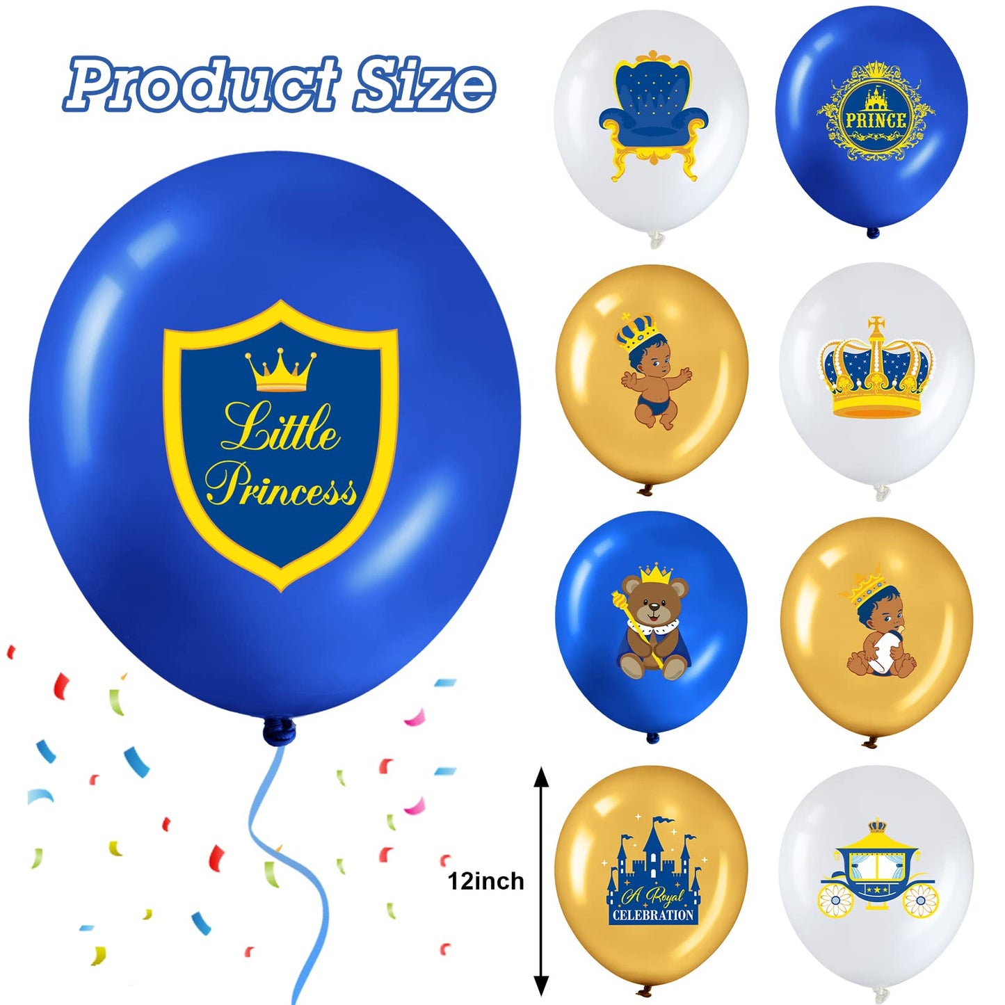 45 Pcs Royal Prince Balloons Blue and Gold Castle Crown Latex Balloon 12 Inches Prince Birthday Party Balloons Royal Blue Gold W