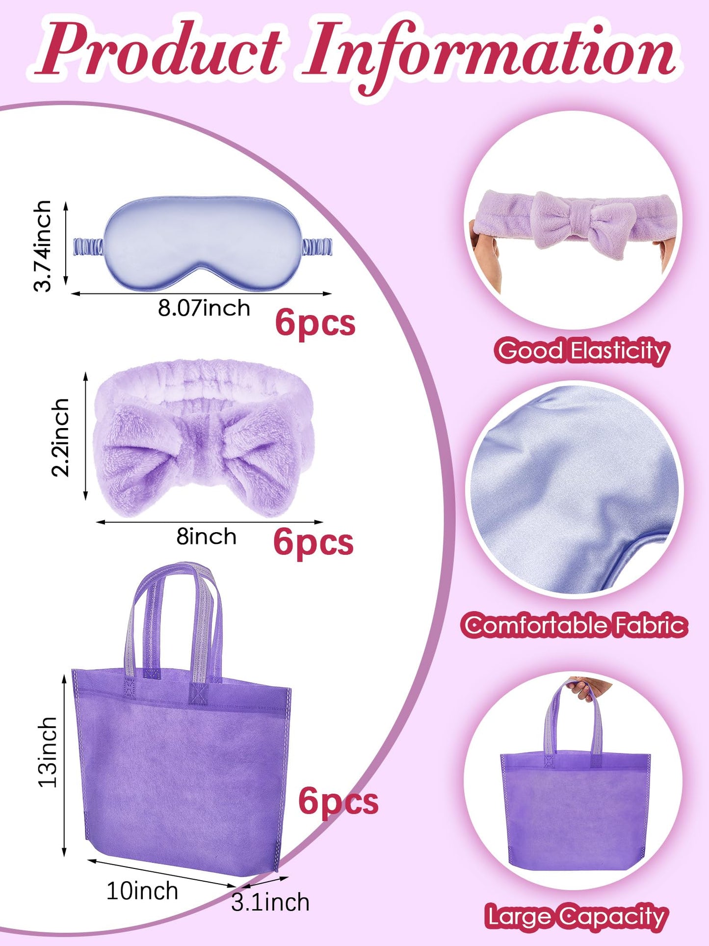 Sintuff 24 Pcs Sleepover Party Supplies For Girls 6 Spa Party Robes 6 Tote Bags 6 Headbands 6 Spa Masks(Size 10,Light Purple)