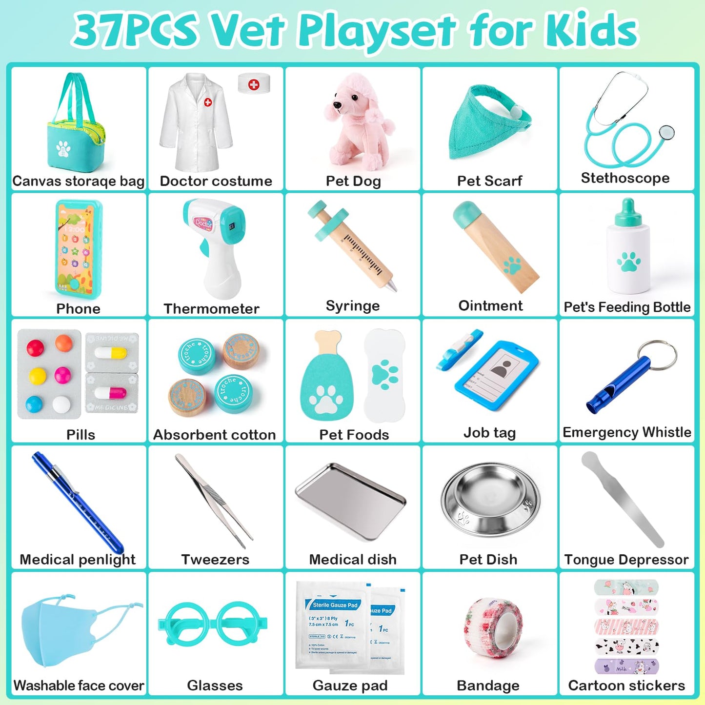 Doctor Kit for Toddlers 3-5 with Dog Toy 37 PCS Veterinarian Playset for Kids Doctors Play Set Pretend Play Doctor Set Vet Kit f