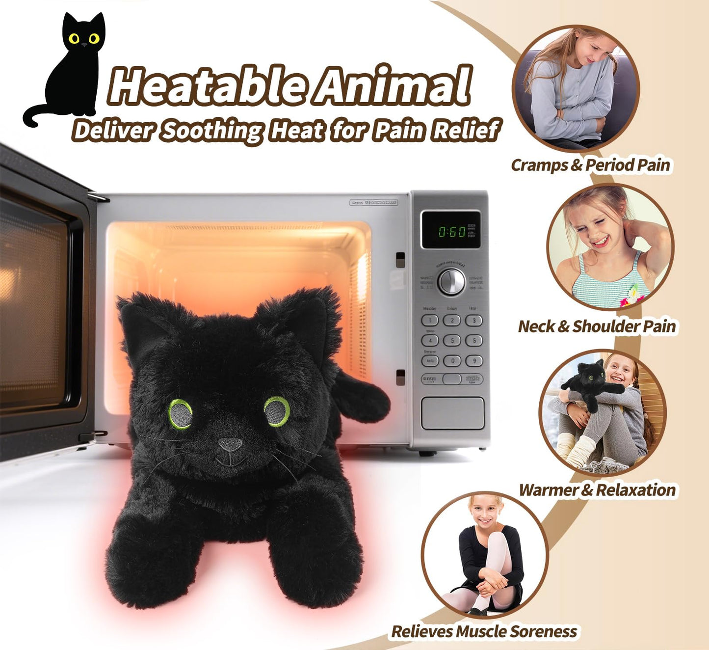 Cuckool Microwavable Black Cat Stuffed Animal - Lavender Scented Heating Pad for Stress Relief, Model LT-Black Cat -2