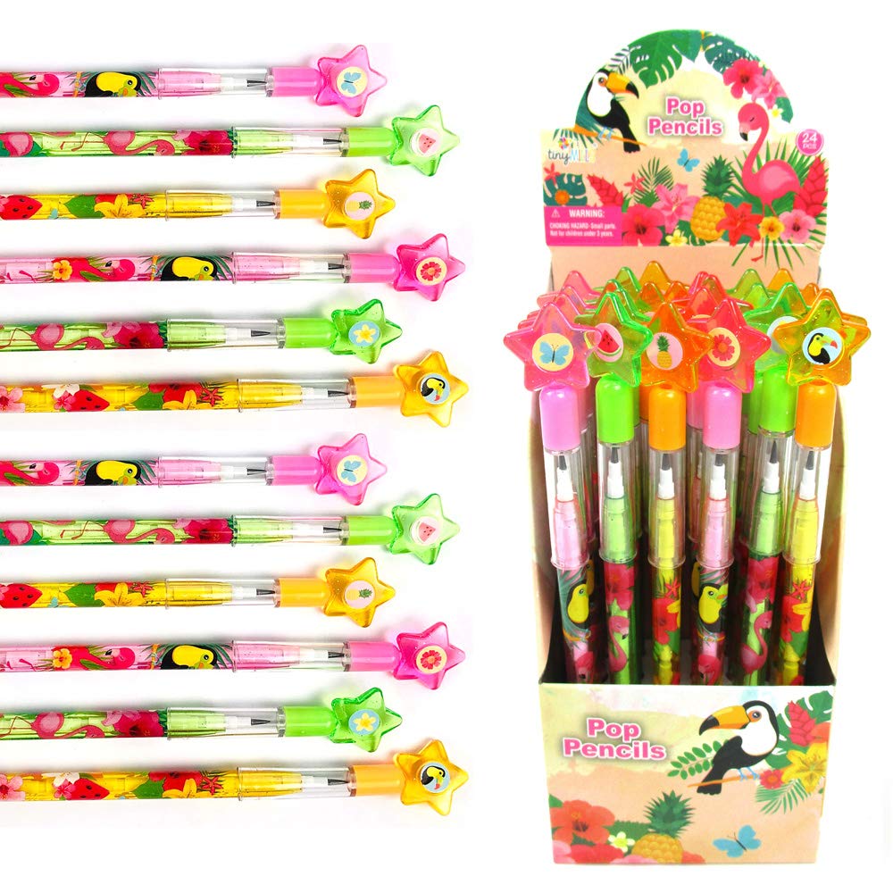 TINYMILLS 24 Pcs Flamingo Tropical Luau Multi Point Stackable Pencil with Eraser for Flamingo Luau Birthday Party Favor Prize Ca
