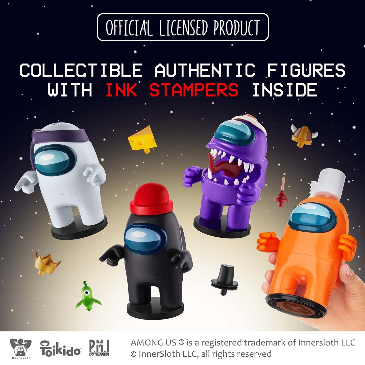Four Among Us Crewmate Figures With Stampers | 4.5-Inch-Tall Among Us Toys + 10 Hats & Accessories| Among Us Party Favors And Playable Collectibles | Includes The Impostor With Mouth Open | By P.M.I.