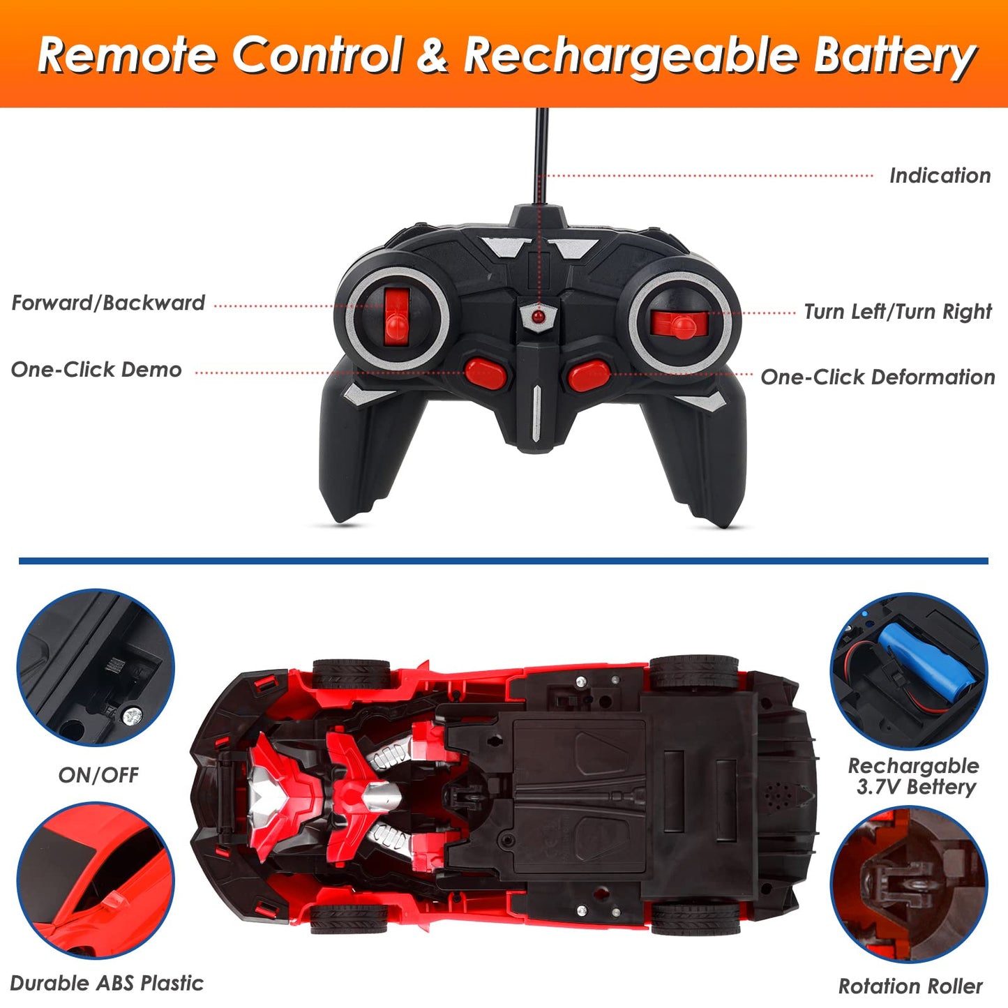 Kizeefun Remote Control Car, Rechargeable Transformable Remote Control Car for Boys and Girls with Flashing Lights and 360