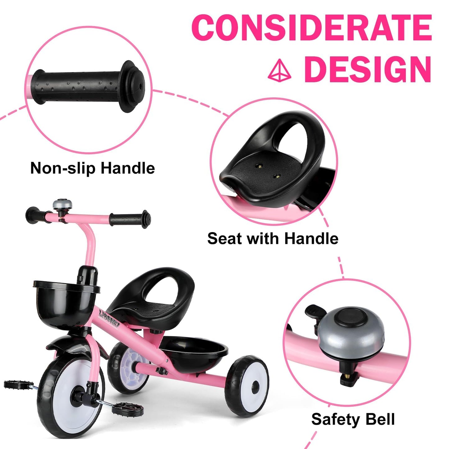 Liberry Toddler Tricycle for Girls 2 3 4 Years Old, Kids Trike with Bell, Front Back Basket and Removable Pedal, 3 Wheel Bike Ou