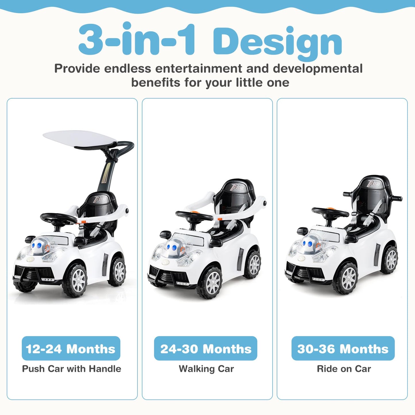 Costzon Push Car For Toddlers, 3 In 1 Stroller Sliding Walking Car With Handle, Canopy, Seat Belt, Horn, Music & Lights, Under-S