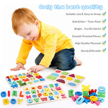 Wooden Puzzles for Toddlers  Kesletney Wooden Alphabet Number Shape Learning Puzzles for Kids  3 in 1 Montessori Preschool Educational Toys for Boys Girls Ages 3 4 5 Years Old