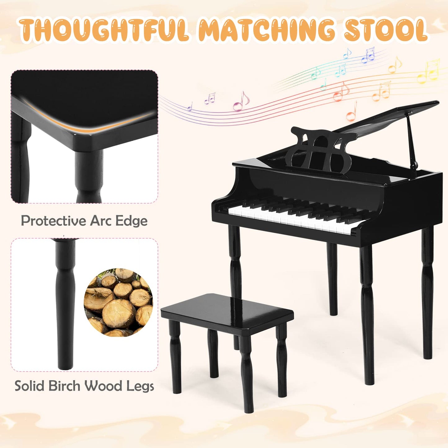 Goplus 30-Key Classical Kids Piano, Mini Grand Piano Wooden Learn-To-Play Musical Instrument Toy With Bench, Piano Lid, Music Rack, Gift For Boys Girls Aged 2+ Baby Tollder (4 Straight Leg-Black)