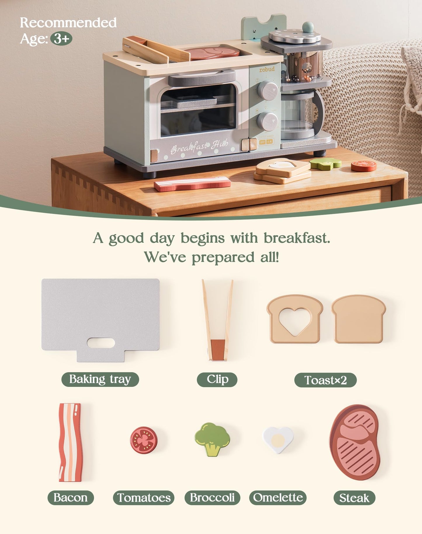 ROBUD Toddler Kitchen Playset - Wooden Breakfast Set with Coffee Maker, Toaster, Griddle, Play Food - Realistic Pretend Play App