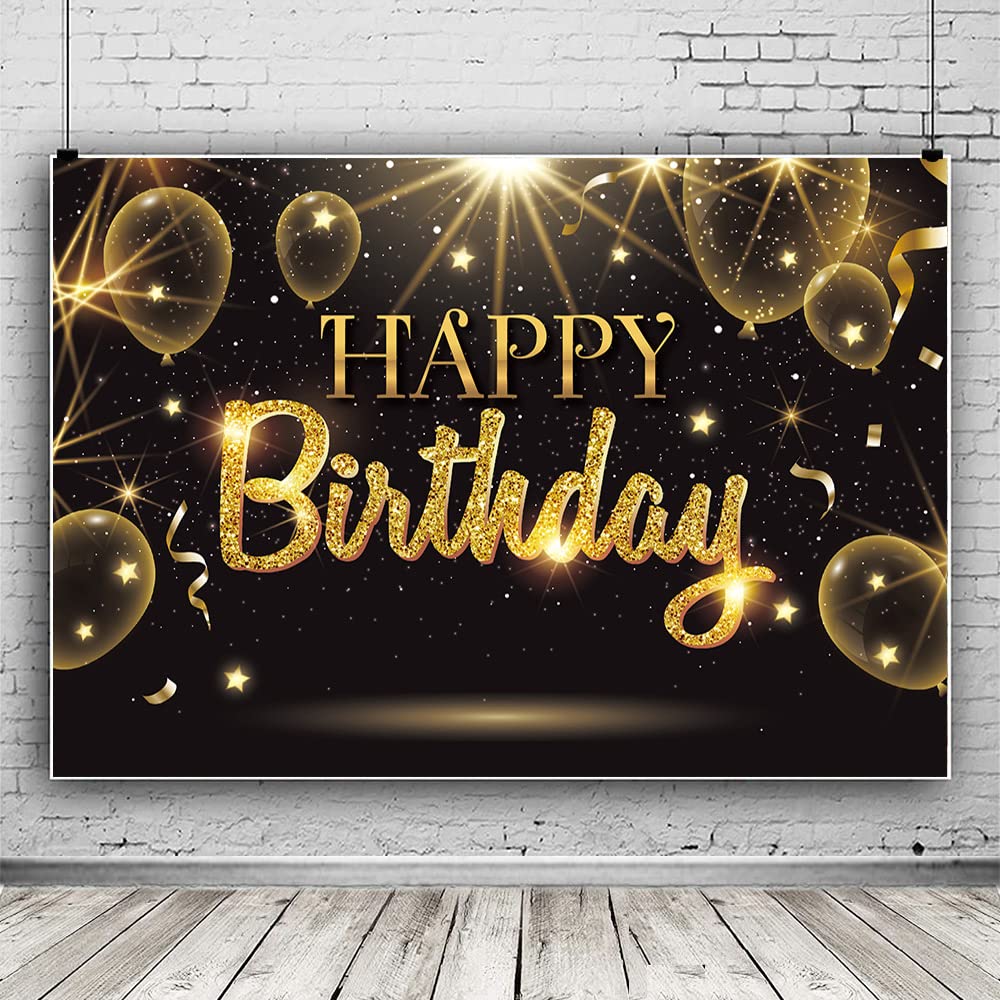Iiiluyot Black Gold Happy Birthday Party Decorations Backdrop, Golden Balloons Glitter Star Birthday Party Photo Background Bann