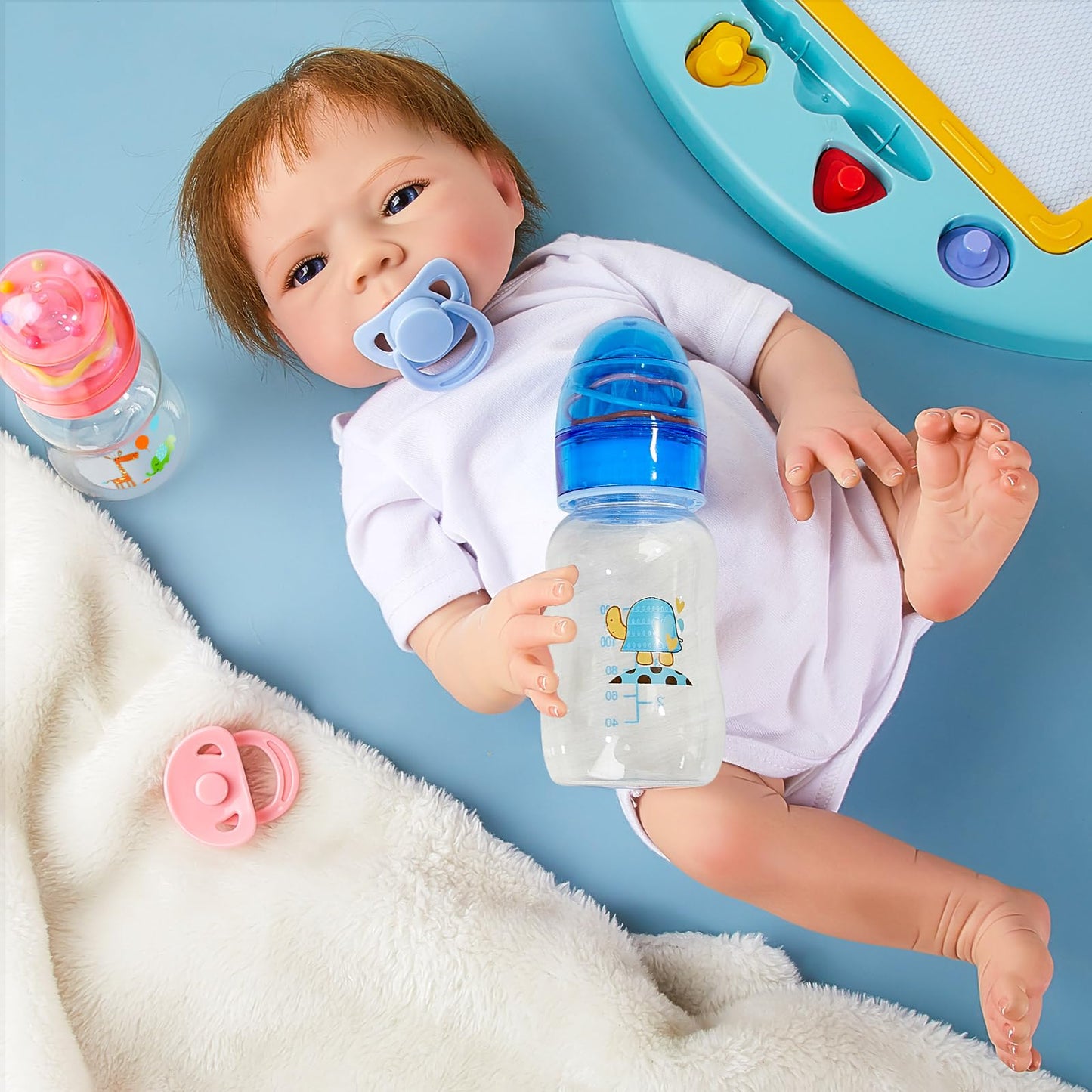 Jexine 4 Pieces Reborn Baby Doll Accessories, Includes 2 Magnetic Pacifier And 2 Baby Doll Bottles Baby Doll Pacifier Feeding Bottle For Reborn Dolls, Random Pattern, Pink And Blue (Classic)