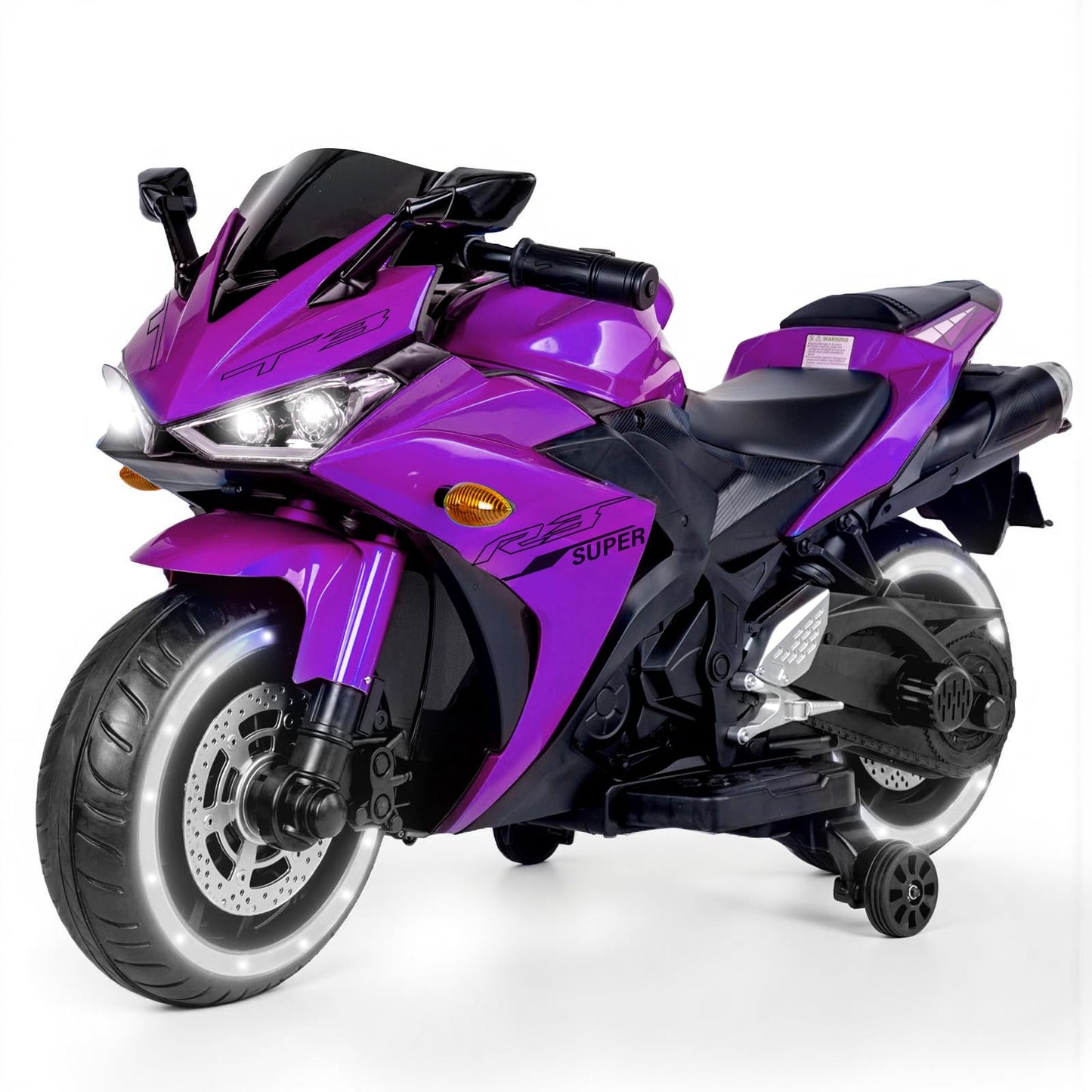 Blitzshark 12V Electric Motorcycle  Kids Motorcycle with Training Wheel  7AH Battery Ride On Motorbike For Kids 3.2 MPH Max Speed  Twist Grip Throttle  Brake Pedal  Soft Tires  Extra Long Seat  Purple