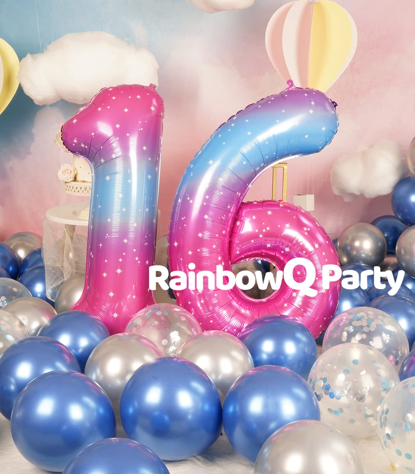 Rainbowq 16 Balloon Numbers 40 Inch For Boy Or Girl Big Starry 0-9 Foil Mylar Large 61 Number Balloons Happy 16Th Birthday Party