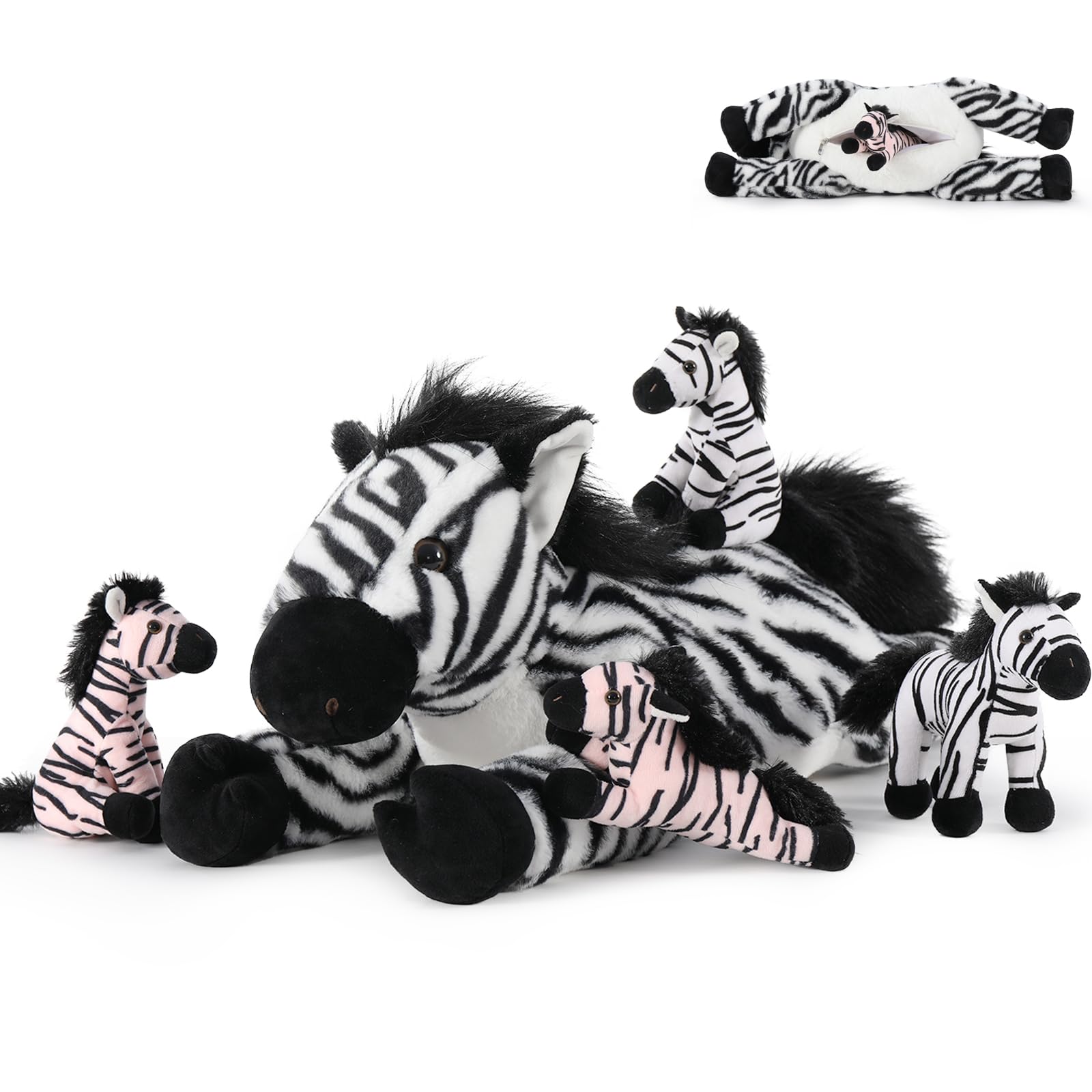 Tezituor Large Zebra Stuffed Animals Set  25 inch Mommy Stuffed Horse Plush with 4 Cute Babies Gift for Boys Girls