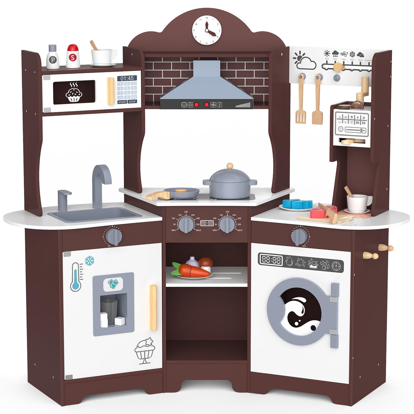 ANPABO Play Kitchen for Kids, Wooden Kids Kitchen Playset for Toddlers with Lights & Sounds, Pretend Play Toys with Coffee & Ice