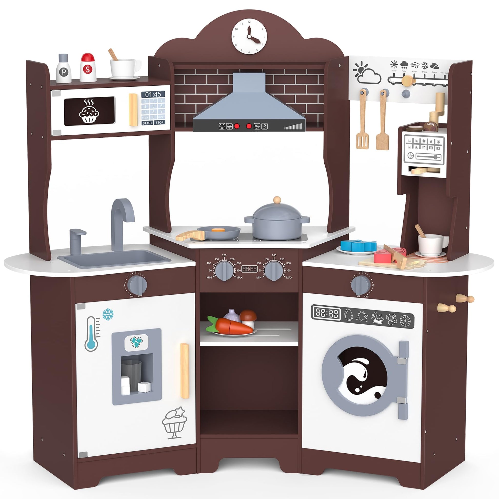 ANPABO Play Kitchen for Kids, Wooden Kids Kitchen Playset for Toddlers with Lights & Sounds, Pretend Play Toys with Coffee & Ice