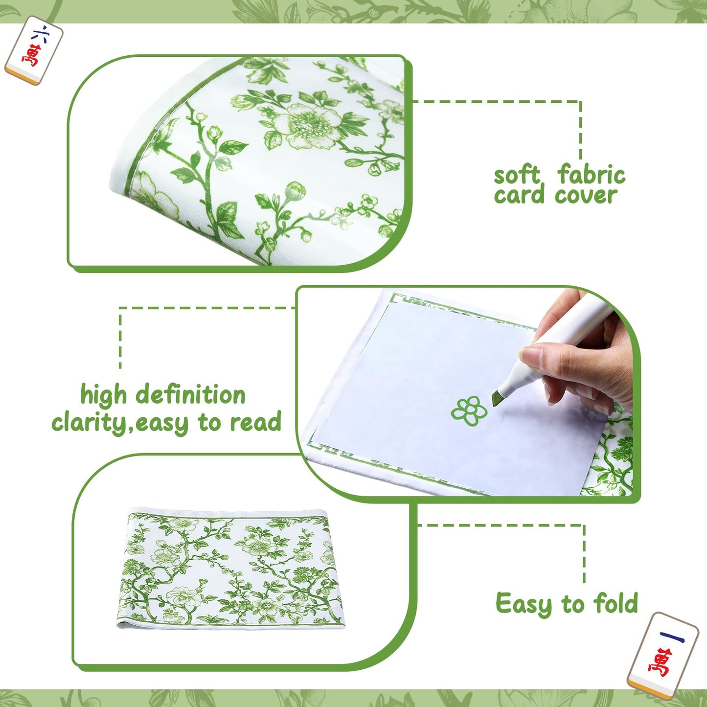 Sonwyoung Chinoiserie Mahjong Card Holder - Large Soft Fabric Sleeve 6.2"x5.2" - Green, Model SIO-Sonwyoung-1268