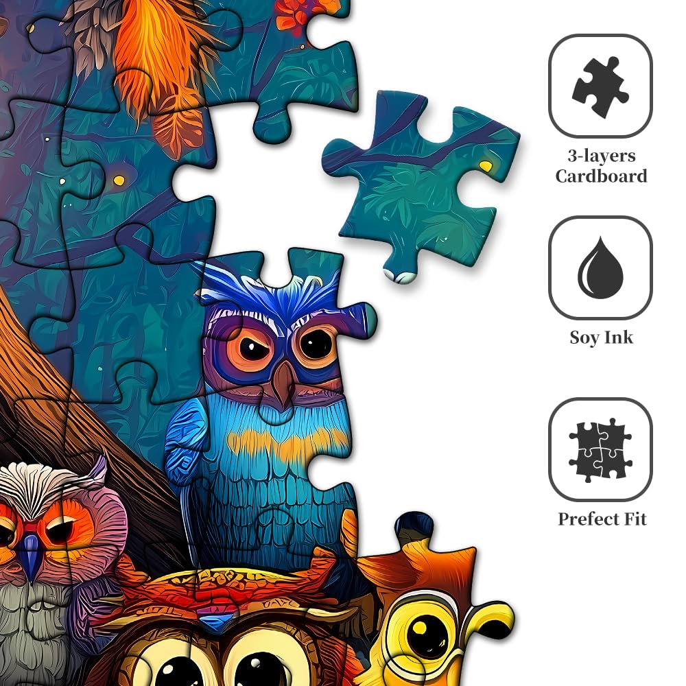 1000 Piece Jigsaw Puzzle for mature-themeds - Colorful Owls on Branch with Lanterns  Whimsical Bird Art Puzzle  Challenging Family Game  enhanced Recycled Gift for mature-themeds Teens