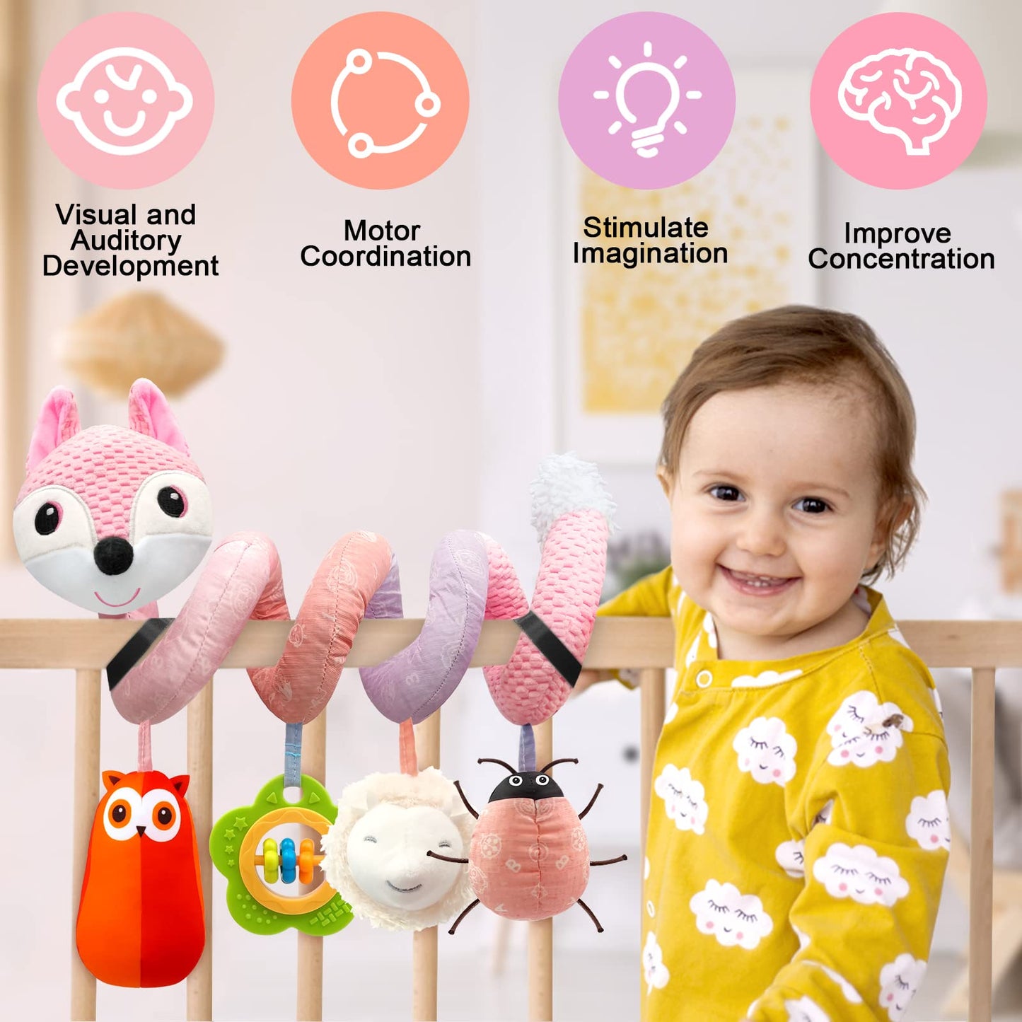 MONSTIME Pink Car Seat Toys for Infants 0-6 Months, Stroller & Bassinet Rattles, Teether with Music - Ideal Baby Toy for Boys & Girls