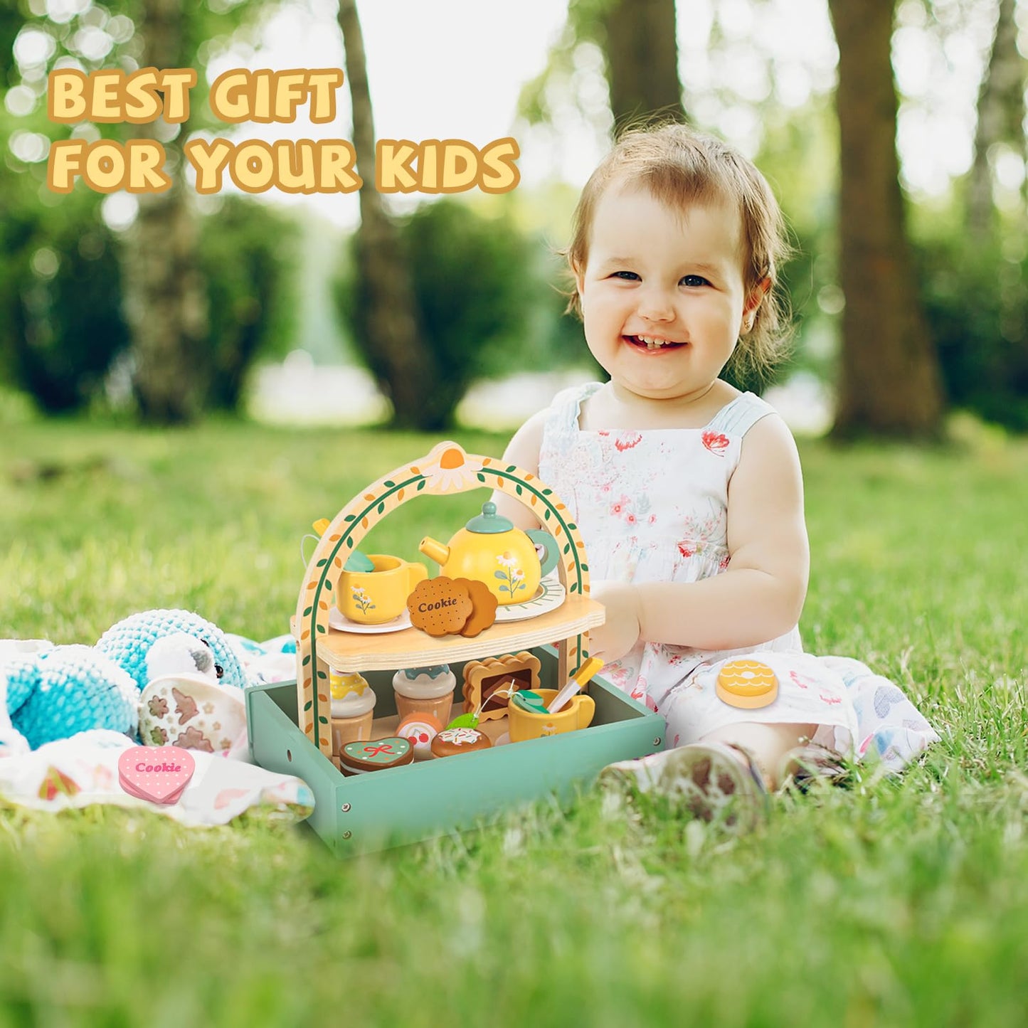 Masonbaby Tea Party Set,Tea Sets for Toddlers 3-5,Kids Tea Set with Dessert Cookies & Cake Stand, Non-Toxic Wooden Tea Party Set