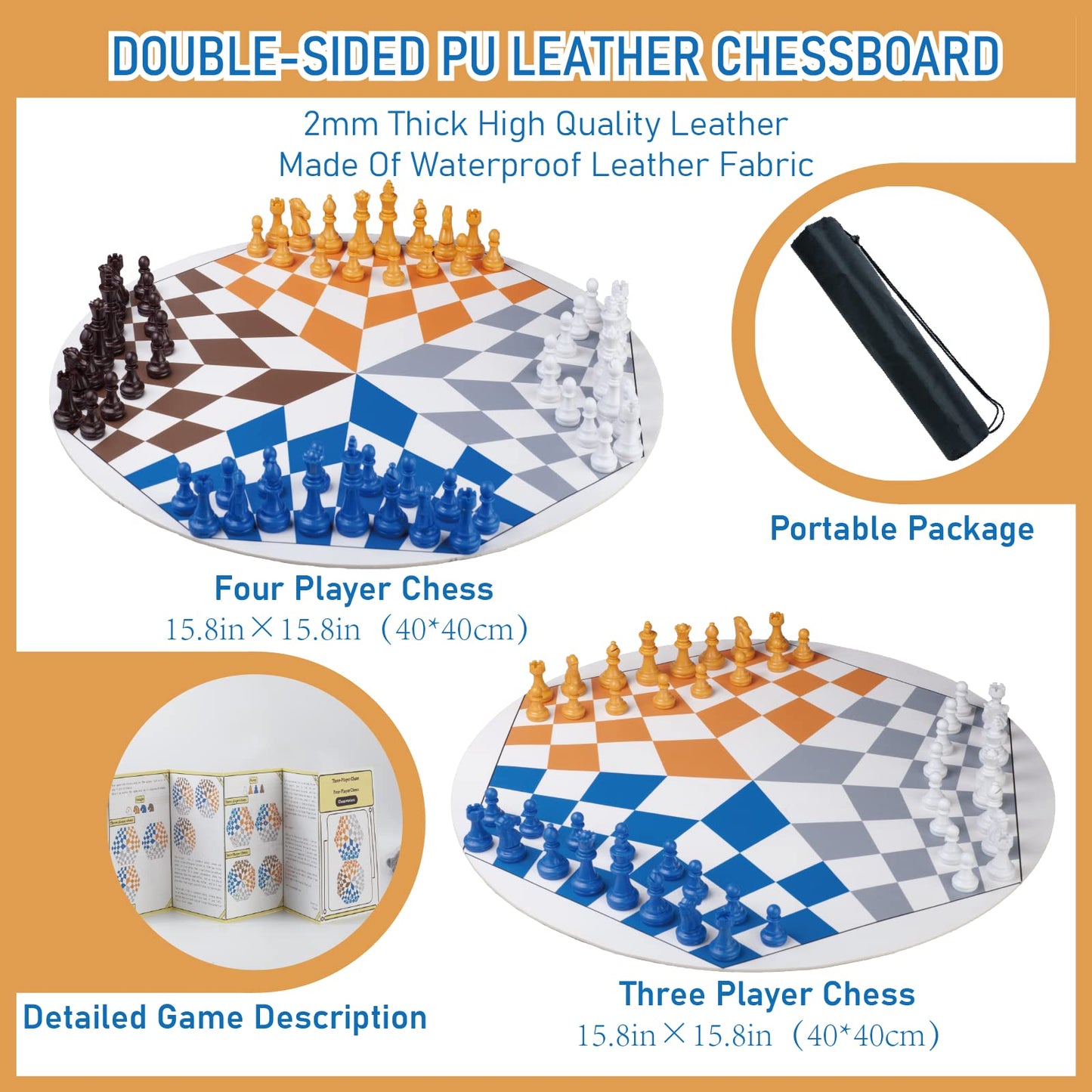 Three Or Four Players Chess Set:A Leather Game Mat + 4 Packs Of Pieces (64 Pieces) + 1 Game Manual + A Drawstring Storage Bag. A Strategy Chess Game For 2-4 Players