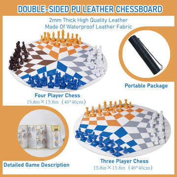 Three Or Four Players Chess Set:A Leather Game Mat + 4 Packs Of Pieces (64 Pieces) + 1 Game Manual + A Drawstring Storage Bag. A Strategy Chess Game For 2-4 Players