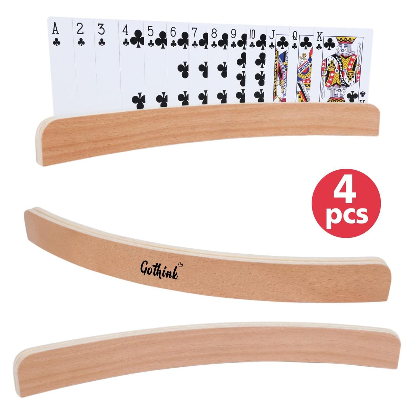 GOTHINK Set of 4 - Wood Curved Playing Card Holder for Kids mature-themed Seniors Solid Wood Cards Holders for Playing Cards 13.4 x1.4 x 0.5 Inch Non Slip Card Deck for Bridge Canasta Strategy Card Games