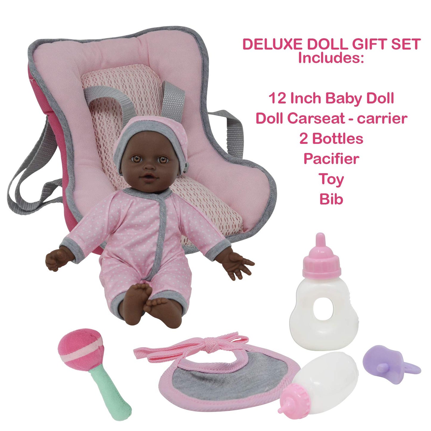 African American Doll Travel Playset - Baby Doll Car Seat Carrier Backpack With 12 Inch Soft Body Doll Includes Doll Bottles And Toy Accessories … (African American)